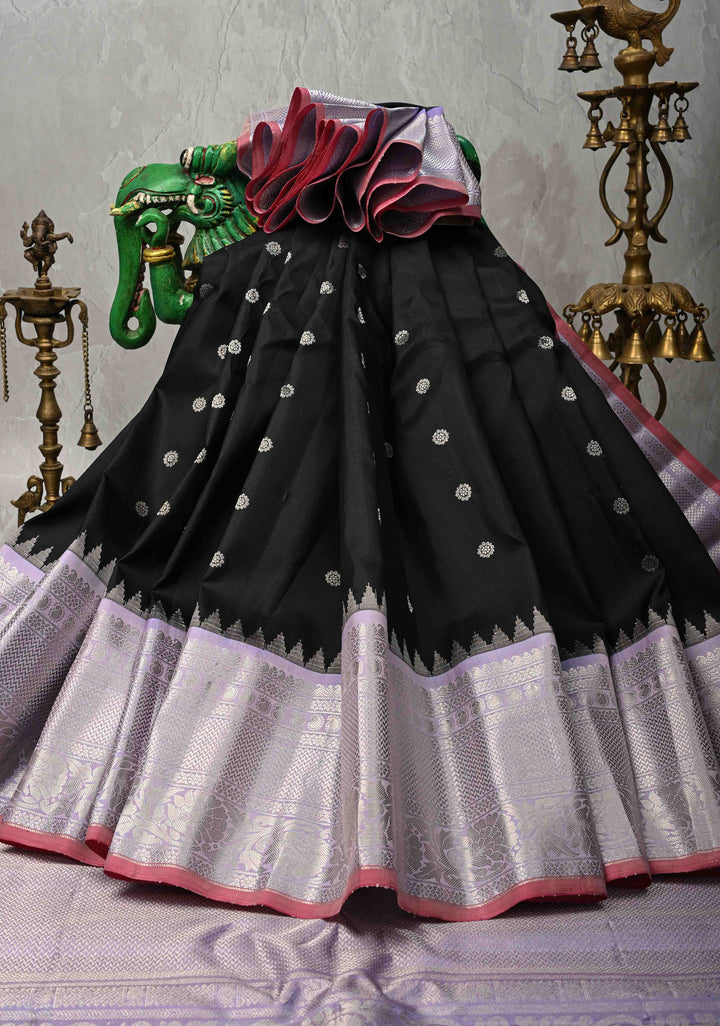 Pure Gadwal Silk Saree in Black with Zari Buttas and Lilac Zari Border | SILK MARK CERTIFIED