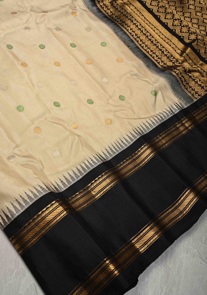 Beige Pure Gadwal Silk Saree with Meena Zari Buttas and Contrast Rettaipet Border | SILK MARK CERTIFIED