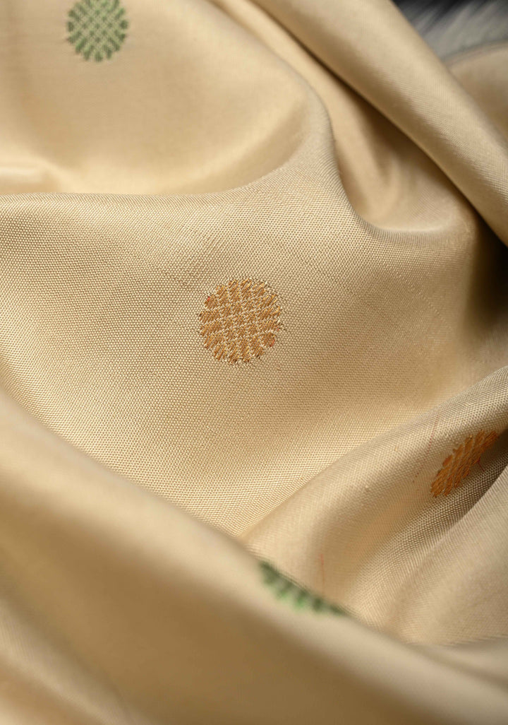 Beige Pure Gadwal Silk Saree with Meena Zari Buttas and Contrast Rettaipet Border | SILK MARK CERTIFIED