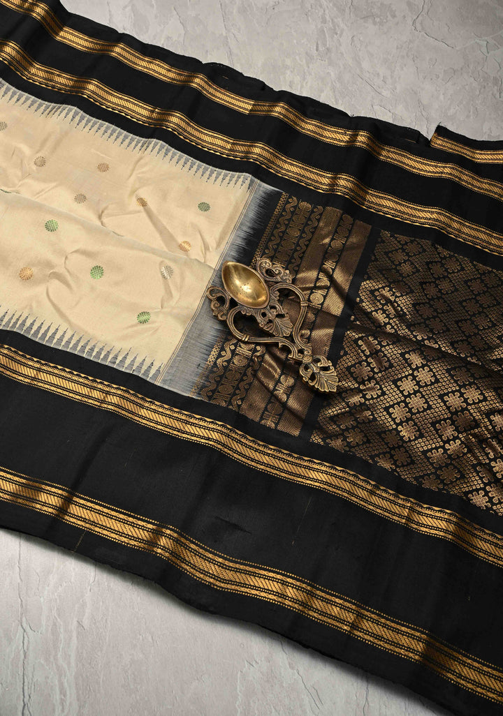Beige Pure Gadwal Silk Saree with Meena Zari Buttas and Contrast Rettaipet Border | SILK MARK CERTIFIED