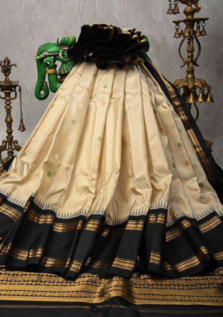 Beige Pure Gadwal Silk Saree with Meena Zari Buttas and Contrast Rettaipet Border | SILK MARK CERTIFIED