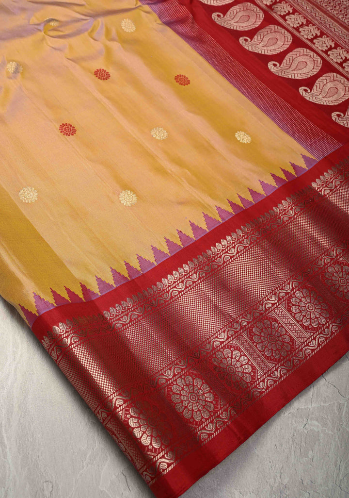 Dusty Sandalwood Dual tone Pure Gadwal Silk Saree with Resham Buttas and Contrast Zari Border | SILK MARK CERTIFIED