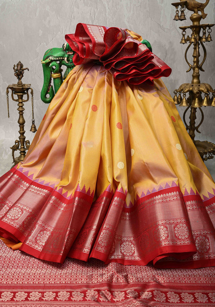 Dusty Sandalwood Dual tone Pure Gadwal Silk Saree with Resham Buttas and Contrast Zari Border | SILK MARK CERTIFIED