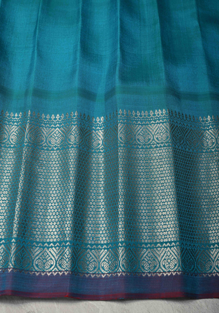 Beige Pure Gadwal Silk Saree with Gold-Silver Motifs and Contrast Blue and Silver Zari Border | SILK MARK CERTIFIED