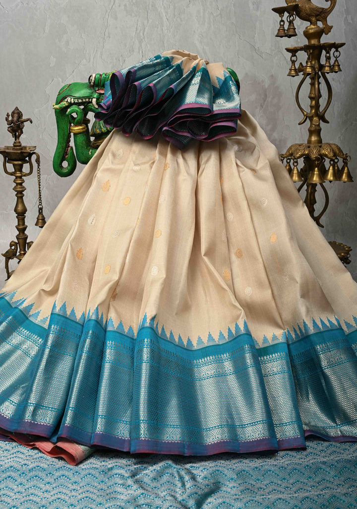 Beige Pure Gadwal Silk Saree with Gold-Silver Motifs and Contrast Blue and Silver Zari Border | SILK MARK CERTIFIED