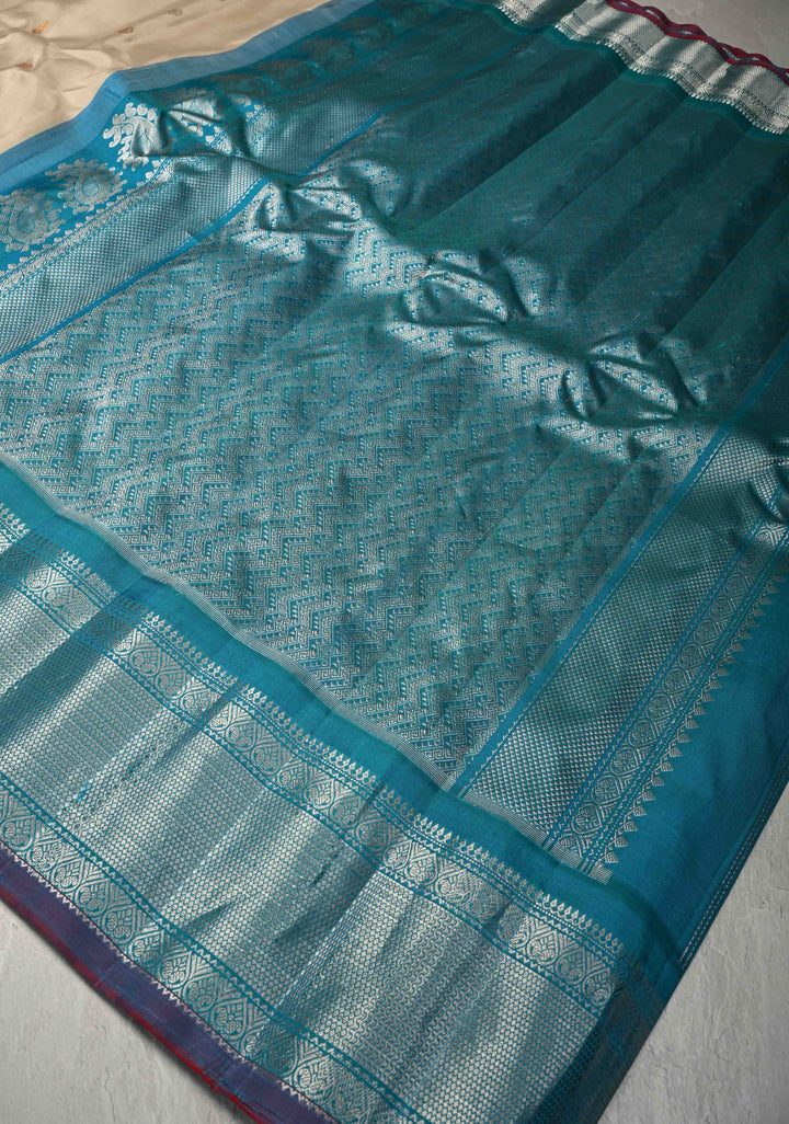 Beige Pure Gadwal Silk Saree with Gold-Silver Motifs and Contrast Blue and Silver Zari Border | SILK MARK CERTIFIED