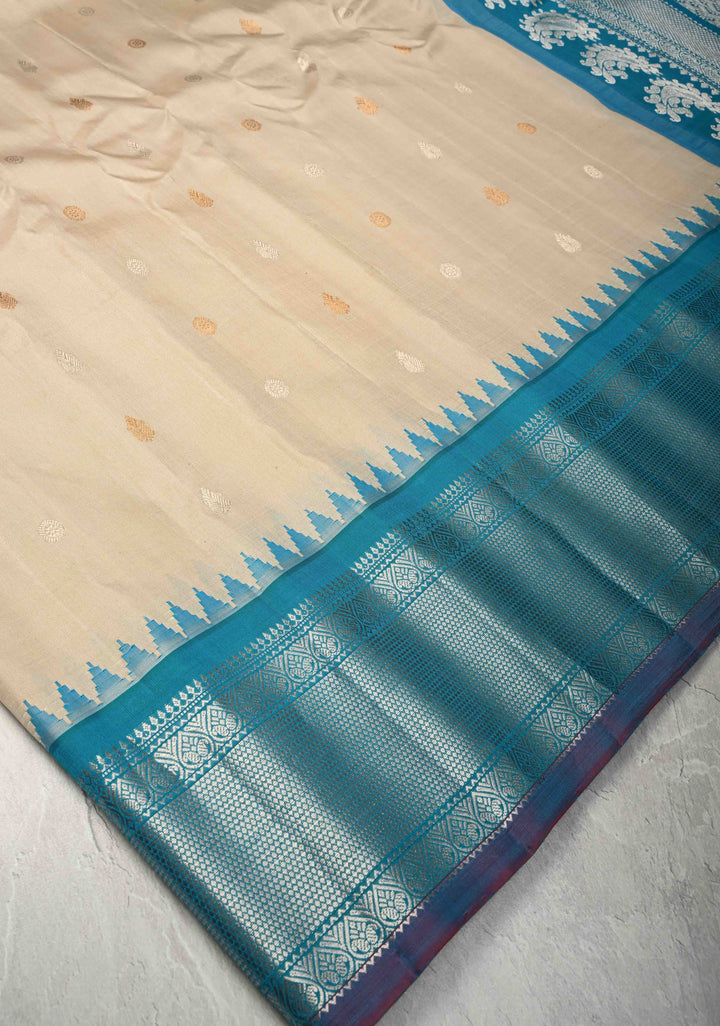 Beige Pure Gadwal Silk Saree with Gold-Silver Motifs and Contrast Blue and Silver Zari Border | SILK MARK CERTIFIED