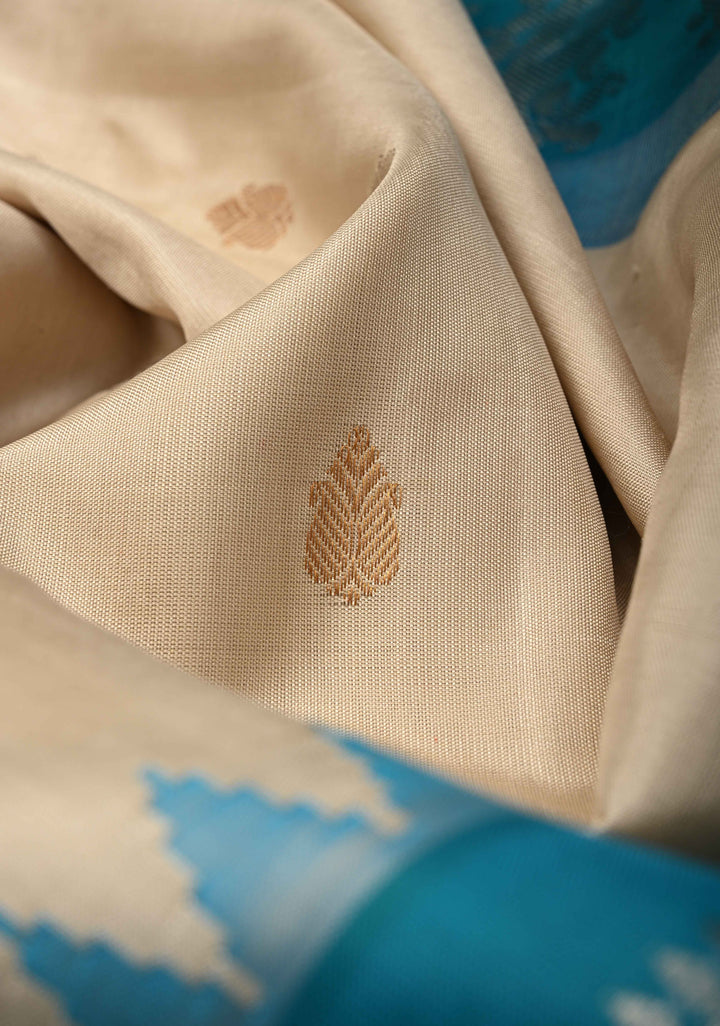 Beige Pure Gadwal Silk Saree with Gold-Silver Motifs and Contrast Blue and Silver Zari Border | SILK MARK CERTIFIED