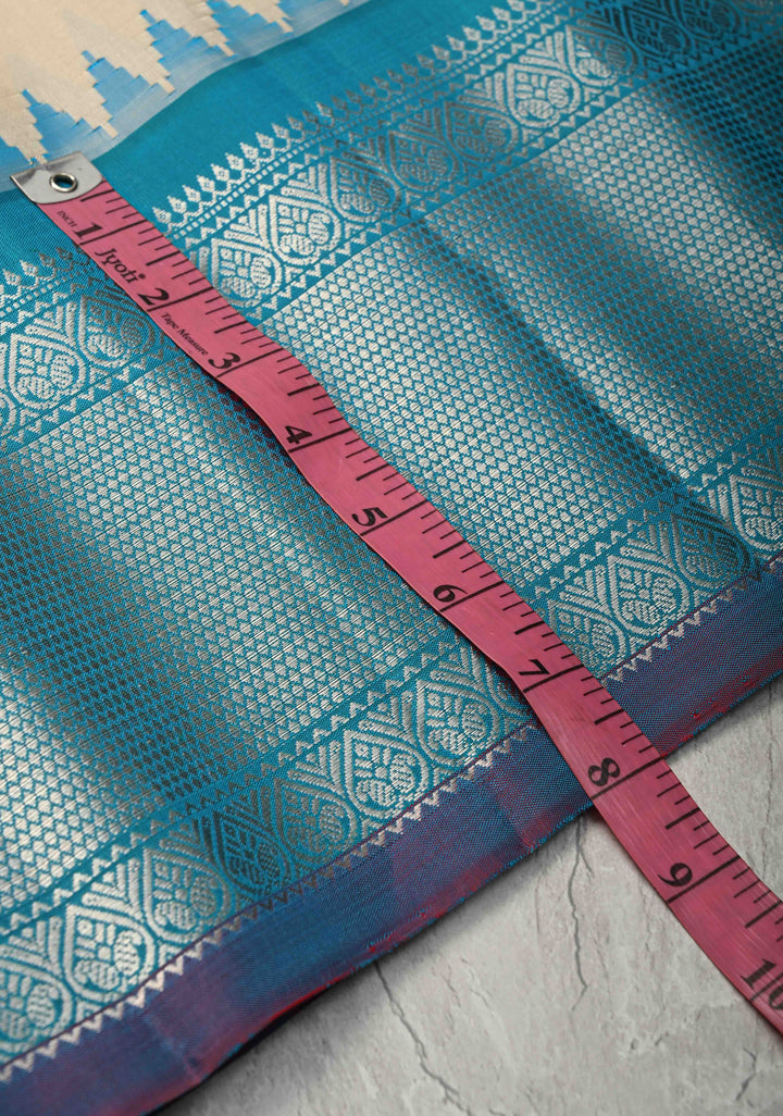 Beige Pure Gadwal Silk Saree with Gold-Silver Motifs and Contrast Blue and Silver Zari Border | SILK MARK CERTIFIED