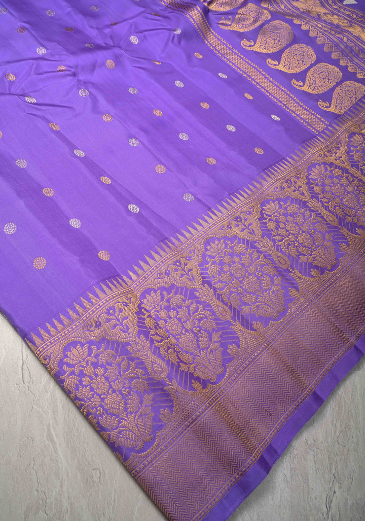 Lavender Pure Gadwal Silk Saree with Gold-Silver Buttas and Zari Border | SILK MARK CERTIFIED