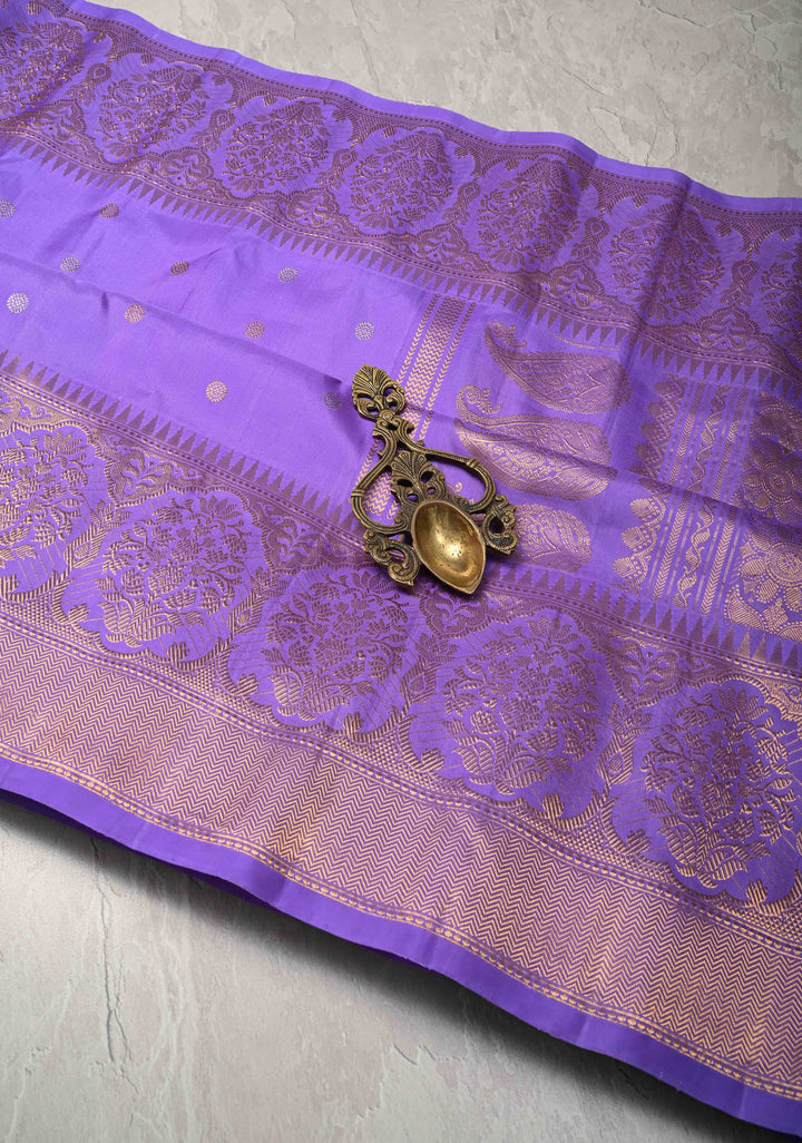 Lavender Pure Gadwal Silk Saree with Gold-Silver Buttas and Zari Border | SILK MARK CERTIFIED