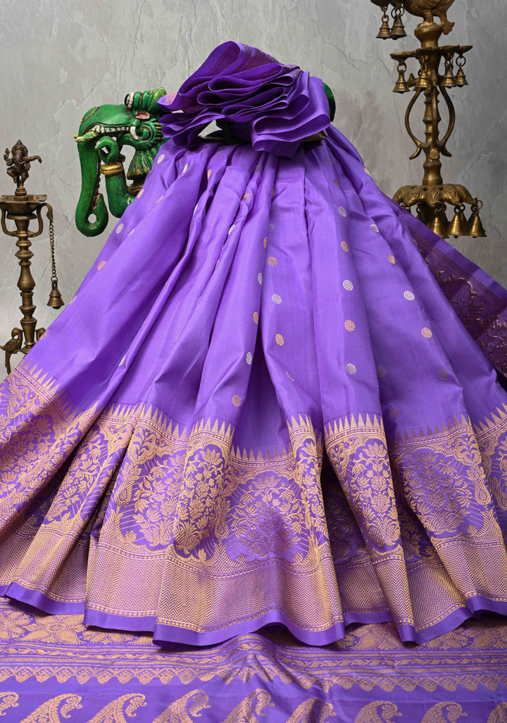 Lavender Pure Gadwal Silk Saree with Gold-Silver Buttas and Zari Border | SILK MARK CERTIFIED