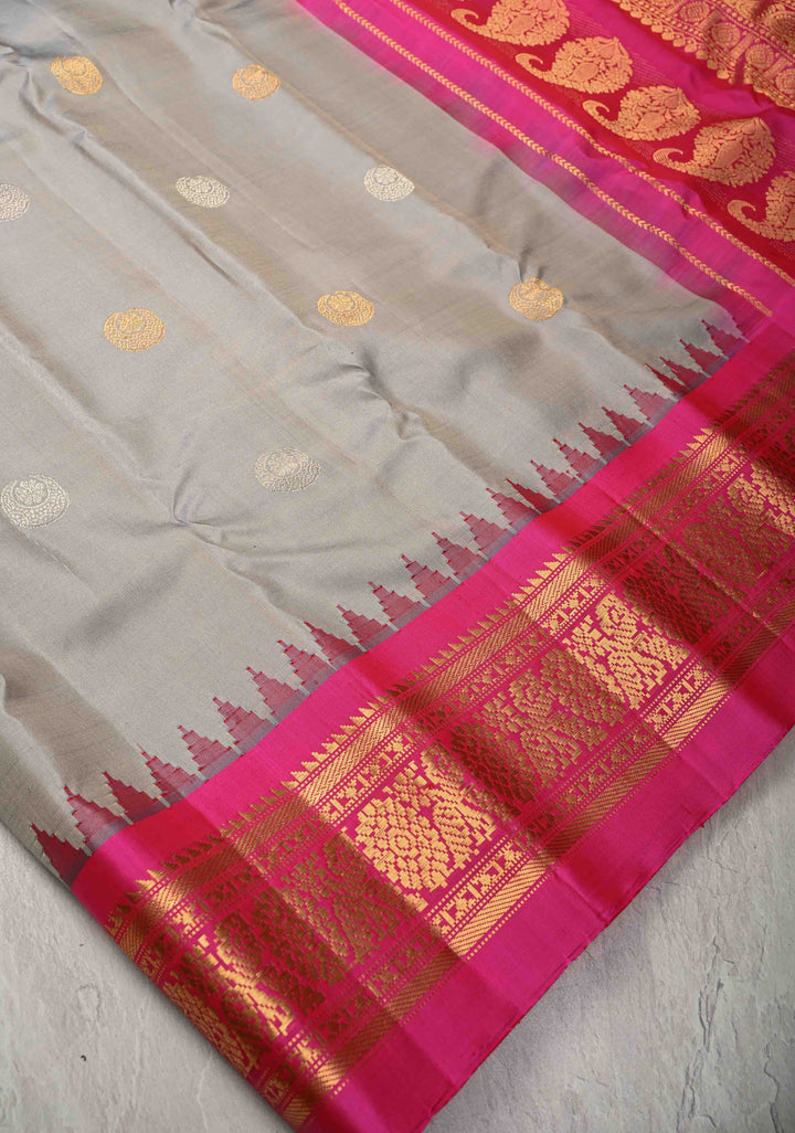 Gray Pure Gadwal Silk Saree with Gold-Silver Buttas and Ganga Jamuna Border  | SILK MARK CERTIFIED