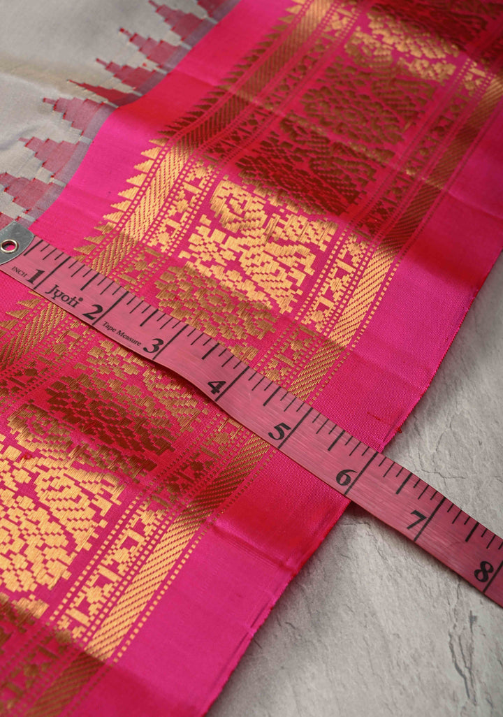 Gray Pure Gadwal Silk Saree with Gold-Silver Buttas and Ganga Jamuna Border  | SILK MARK CERTIFIED