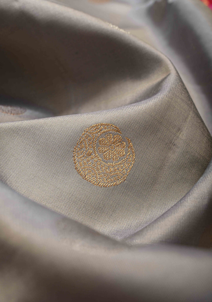 Gray Pure Gadwal Silk Saree with Gold-Silver Buttas and Ganga Jamuna Border  | SILK MARK CERTIFIED