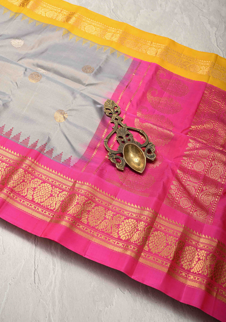 Gray Pure Gadwal Silk Saree with Gold-Silver Buttas and Ganga Jamuna Border  | SILK MARK CERTIFIED