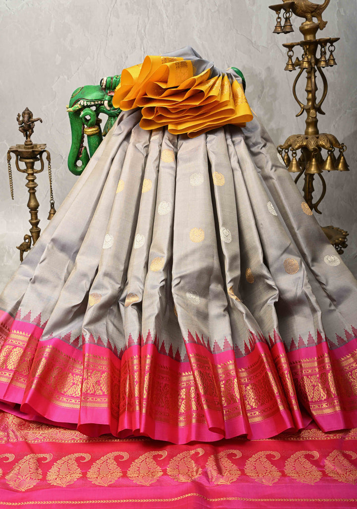 Gray Pure Gadwal Silk Saree with Gold-Silver Buttas and Ganga Jamuna Border  | SILK MARK CERTIFIED