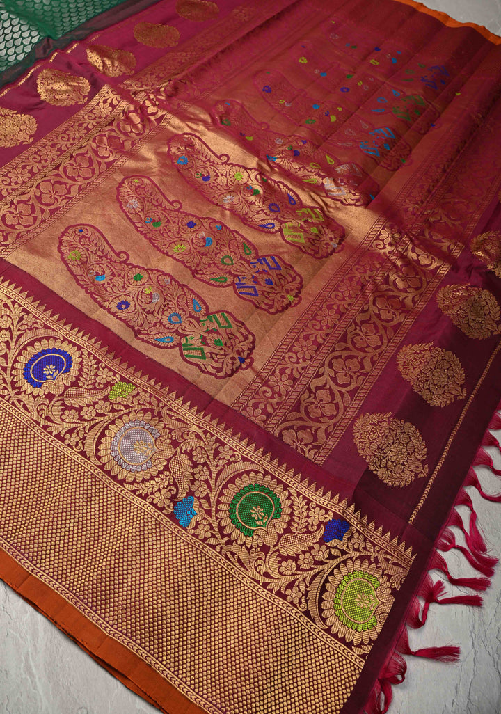 Hunter Green Pure Gadwal Silk Saree with Brocade and Meenakari Border | SILK MARK CERTIFIED