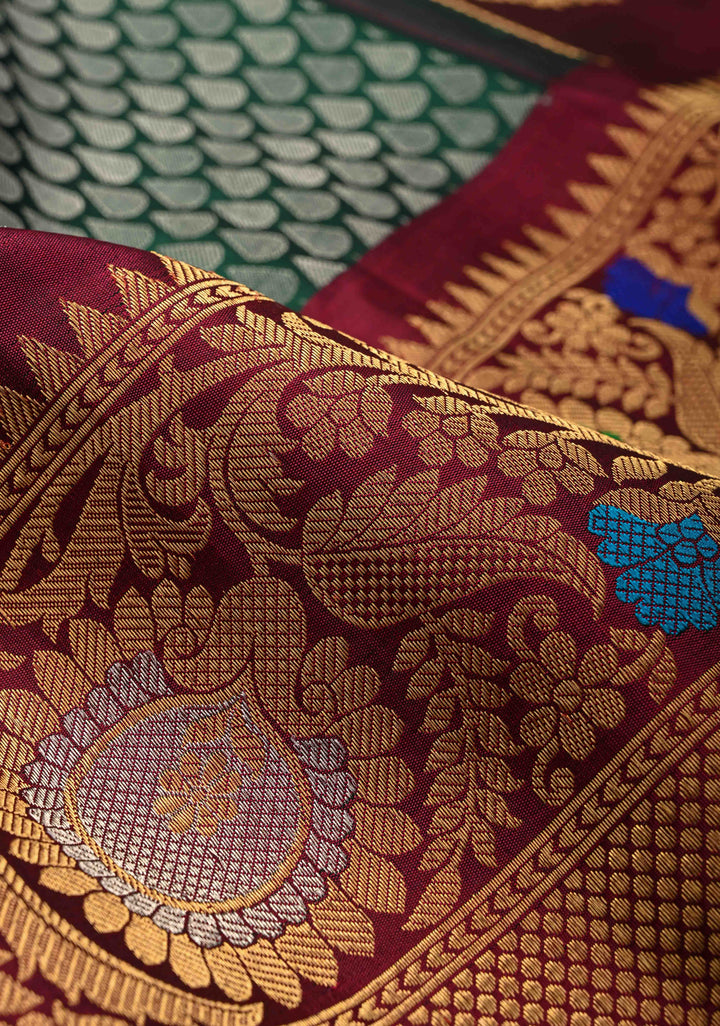 Hunter Green Pure Gadwal Silk Saree with Brocade and Meenakari Border | SILK MARK CERTIFIED