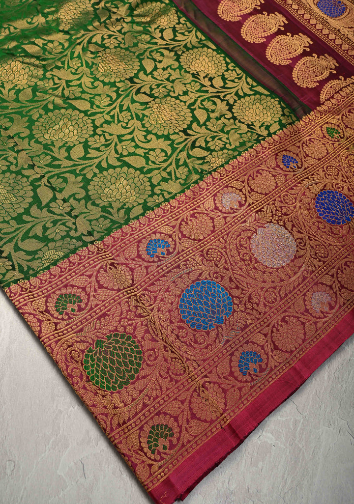 Green Pure Gadwal Silk Saree with Brocade and Contrast Meenakari Border | SILK MARK CERTIFIED