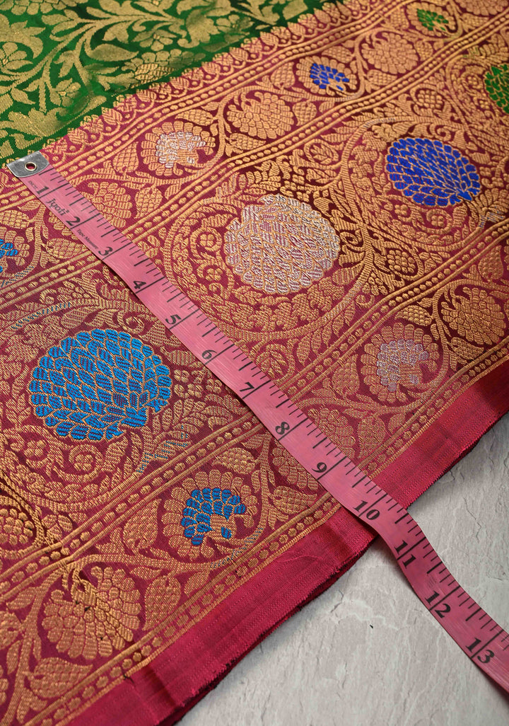 Green Pure Gadwal Silk Saree with Brocade and Contrast Meenakari Border | SILK MARK CERTIFIED