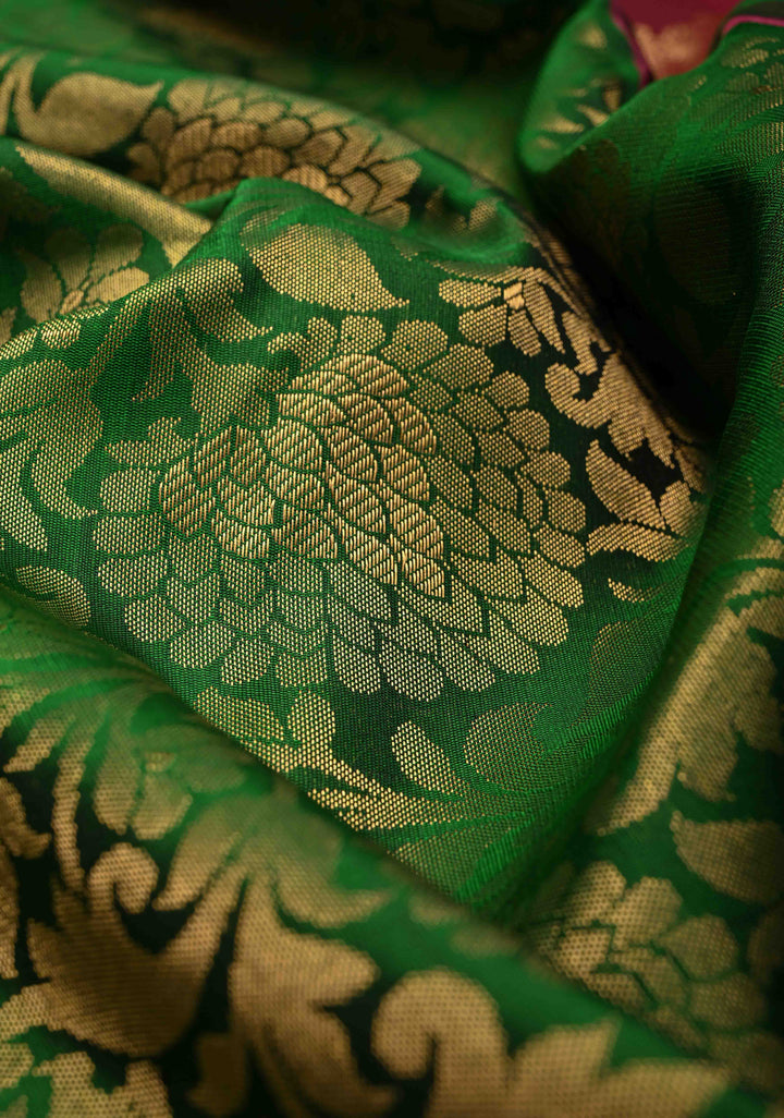 Green Pure Gadwal Silk Saree with Brocade and Contrast Meenakari Border | SILK MARK CERTIFIED