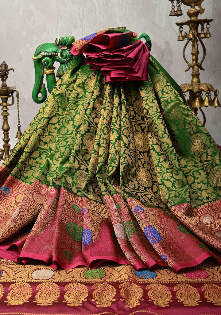 Green Pure Gadwal Silk Saree with Brocade and Contrast Meenakari Border | SILK MARK CERTIFIED