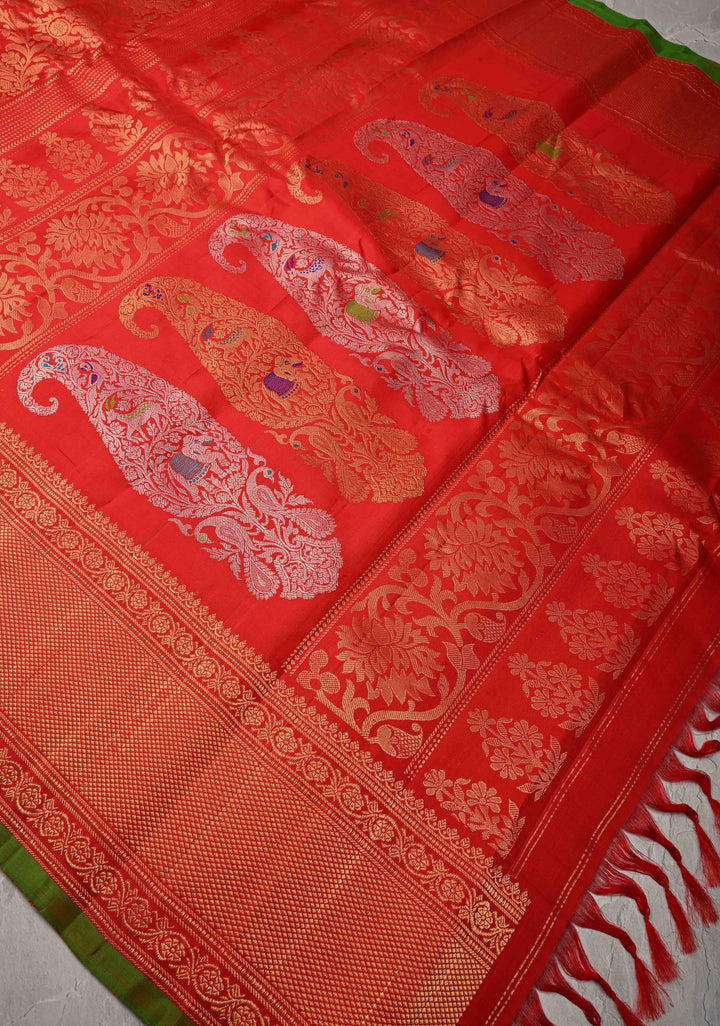 Red Pure Gadwal Silk Saree with Floral Brocade and Zari Border | SILK MARK CERTIFIED