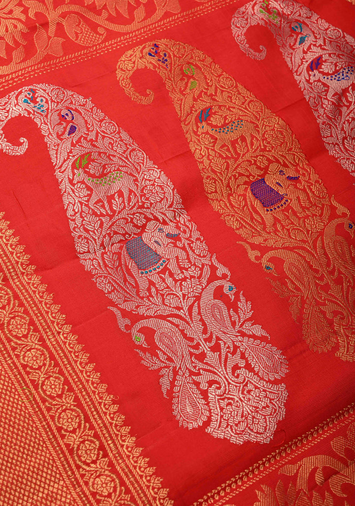 Red Pure Gadwal Silk Saree with Floral Brocade and Zari Border | SILK MARK CERTIFIED