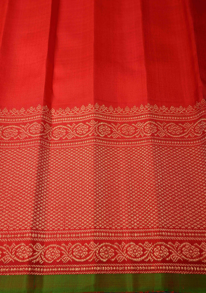 Red Pure Gadwal Silk Saree with Floral Brocade and Zari Border | SILK MARK CERTIFIED