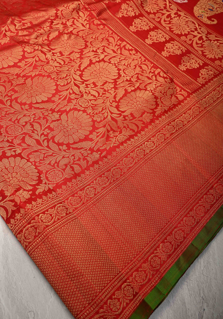 Red Pure Gadwal Silk Saree with Floral Brocade and Zari Border | SILK MARK CERTIFIED