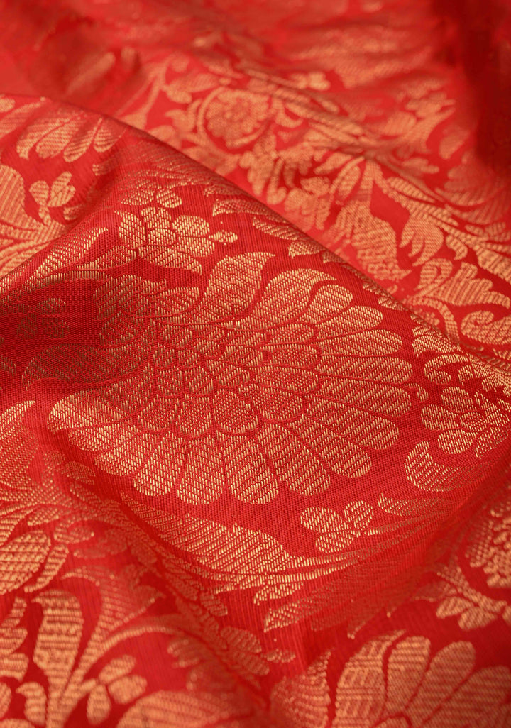 Red Pure Gadwal Silk Saree with Floral Brocade and Zari Border | SILK MARK CERTIFIED