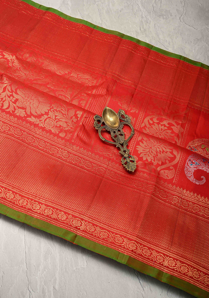 Red Pure Gadwal Silk Saree with Floral Brocade and Zari Border | SILK MARK CERTIFIED