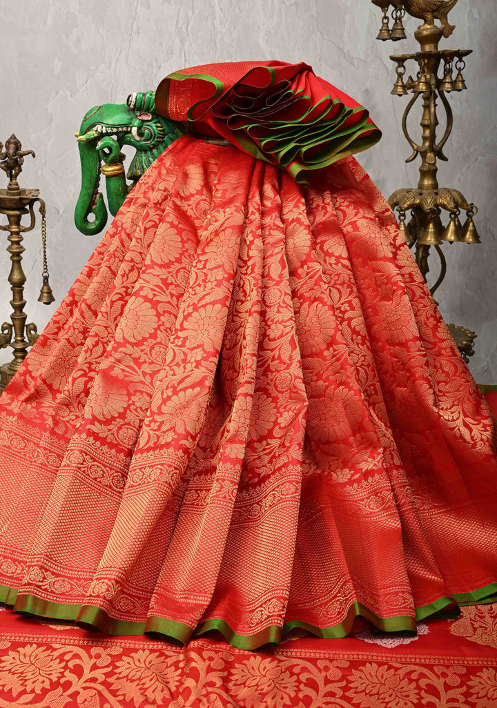 Red Pure Gadwal Silk Saree with Floral Brocade and Zari Border | SILK MARK CERTIFIED