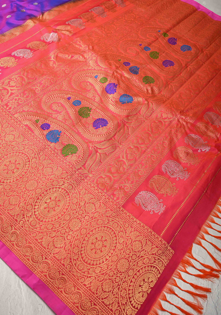 Purple Dual-Tone Gadwal Silk Saree with Gold-Silver Motifs and Contrast Zari Border | SILK MARK CERTIFIED
