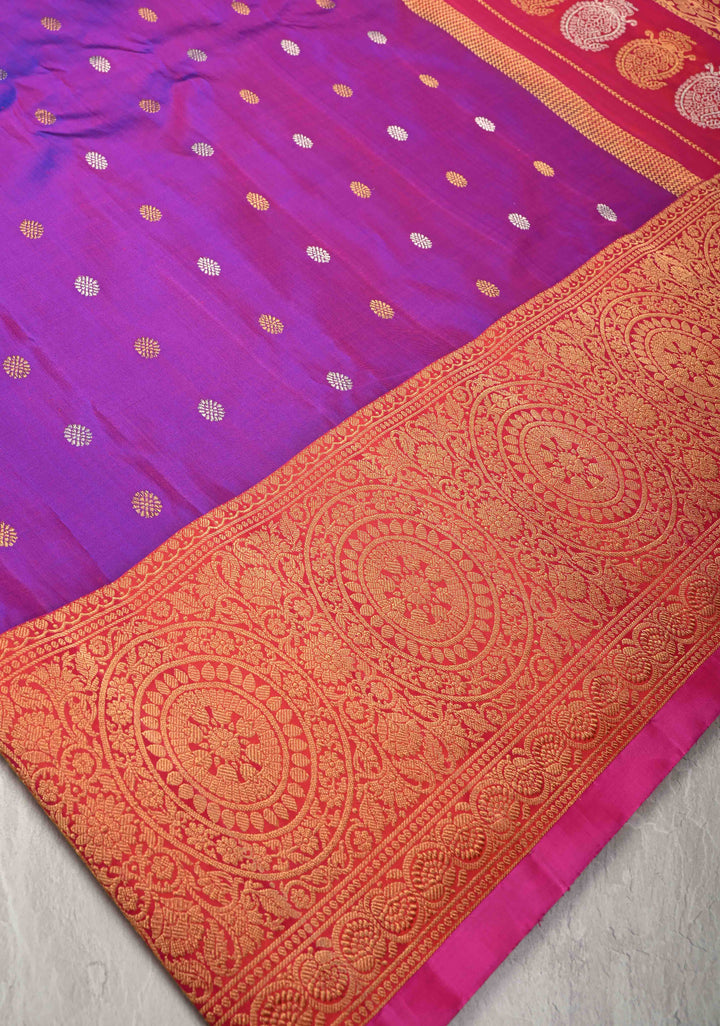 Purple Dual-Tone Gadwal Silk Saree with Gold-Silver Motifs and Contrast Zari Border | SILK MARK CERTIFIED