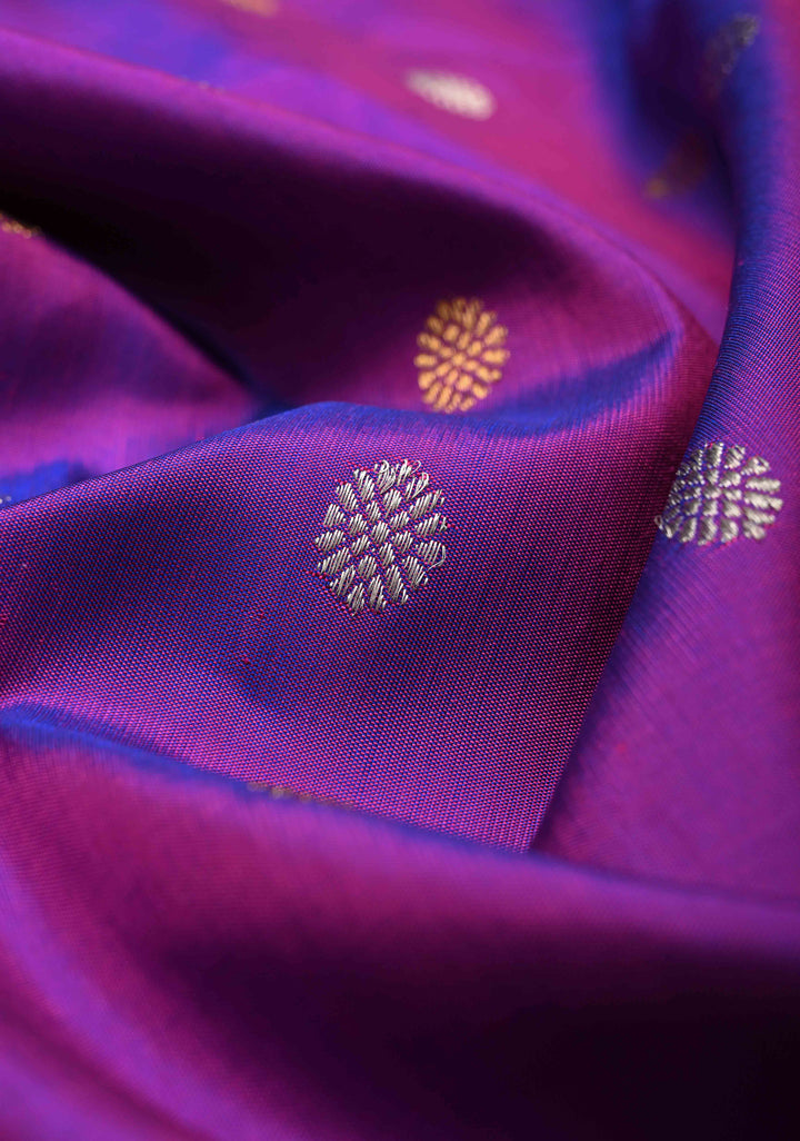 Purple Dual-Tone Gadwal Silk Saree with Gold-Silver Motifs and Contrast Zari Border | SILK MARK CERTIFIED