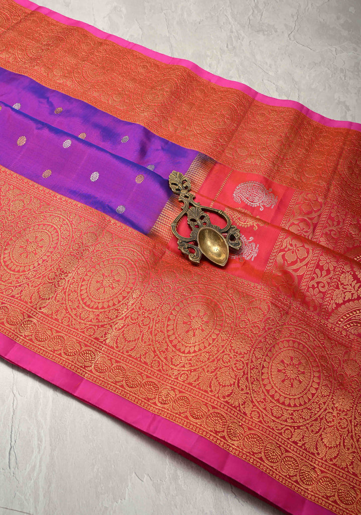 Purple Dual-Tone Gadwal Silk Saree with Gold-Silver Motifs and Contrast Zari Border | SILK MARK CERTIFIED