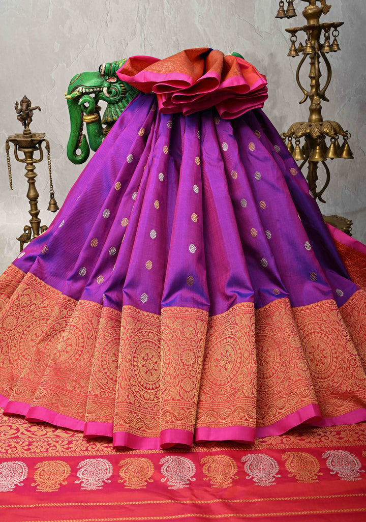 Purple Dual-Tone Gadwal Silk Saree with Gold-Silver Motifs and Contrast Zari Border | SILK MARK CERTIFIED