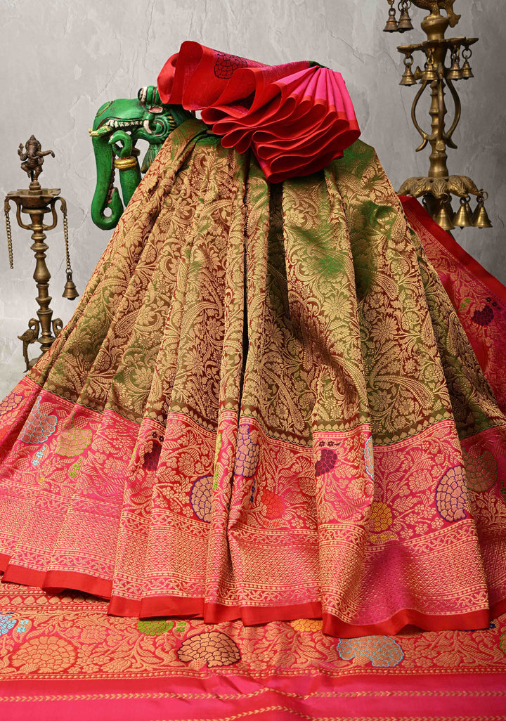 Green and red Dual tone Pure Gadwal Silk Saree with Pashmina Brocade and Contrast Meenakari Border and Pallu | SILK MARK CERTIFIED