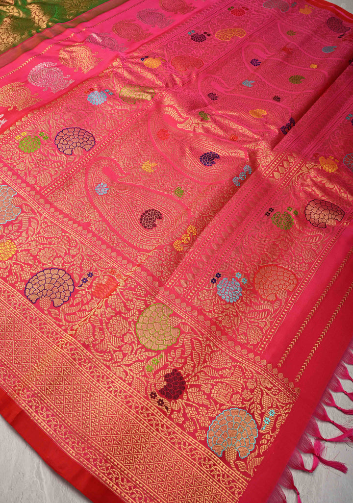 Green and red Dual tone Pure Gadwal Silk Saree with Pashmina Brocade and Contrast Meenakari Border and Pallu | SILK MARK CERTIFIED