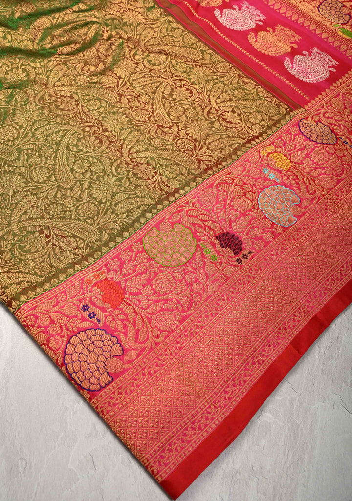 Green and red Dual tone Pure Gadwal Silk Saree with Pashmina Brocade and Contrast Meenakari Border and Pallu | SILK MARK CERTIFIED
