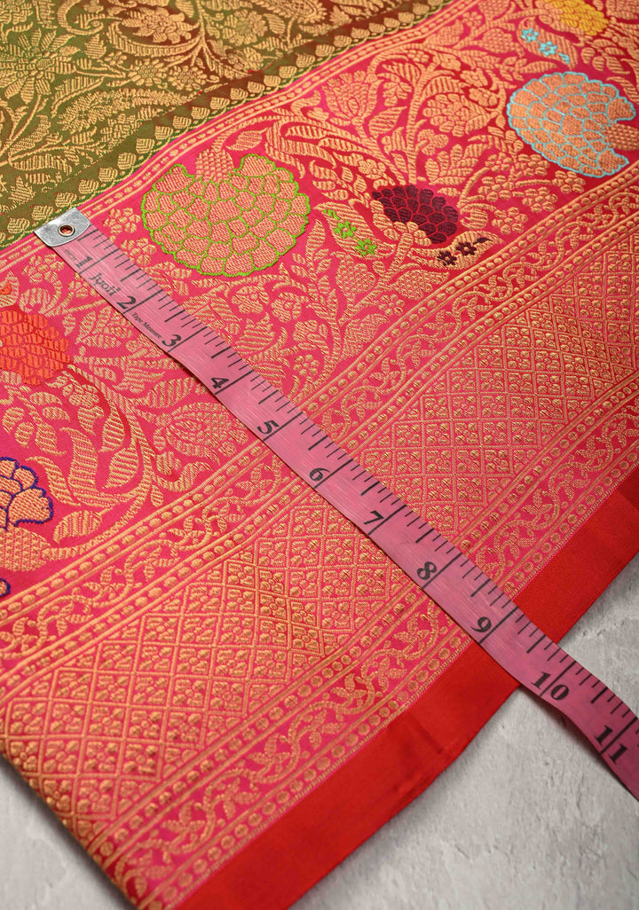 Green and red Dual tone Pure Gadwal Silk Saree with Pashmina Brocade and Contrast Meenakari Border and Pallu | SILK MARK CERTIFIED