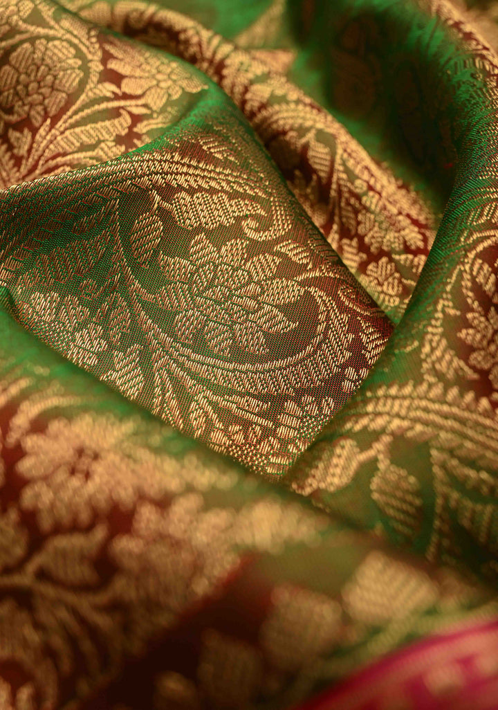 Green and red Dual tone Pure Gadwal Silk Saree with Pashmina Brocade and Contrast Meenakari Border and Pallu | SILK MARK CERTIFIED