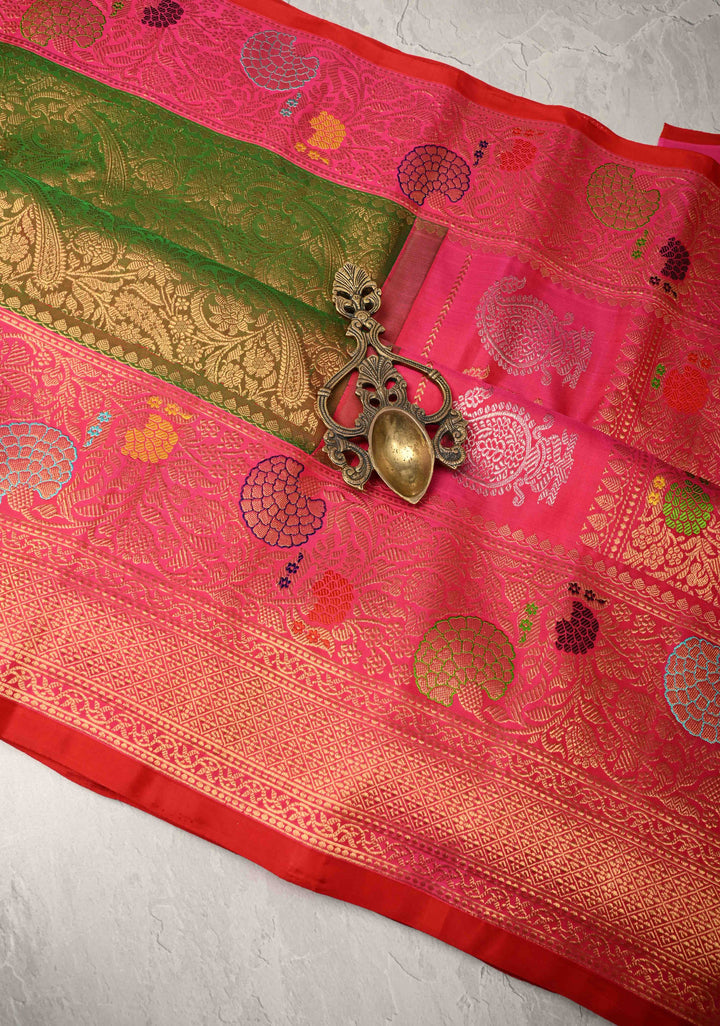 Green and red Dual tone Pure Gadwal Silk Saree with Pashmina Brocade and Contrast Meenakari Border and Pallu | SILK MARK CERTIFIED