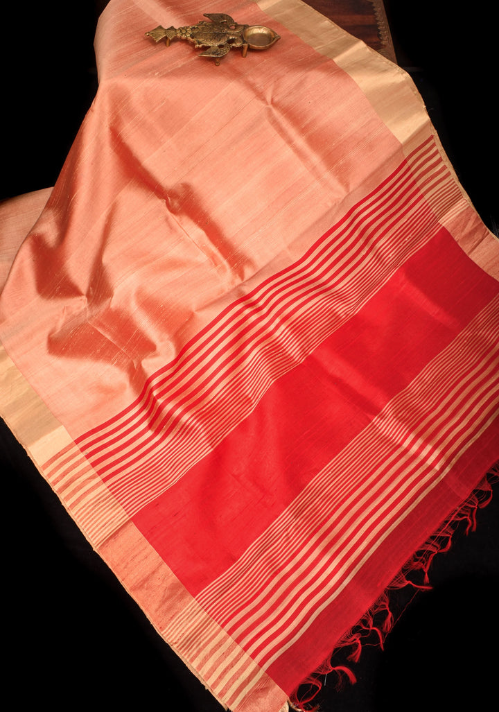 Pure Raw Silk Saree in Coral with Tissue Zari Red Border | SILK MARK CERTIFIED