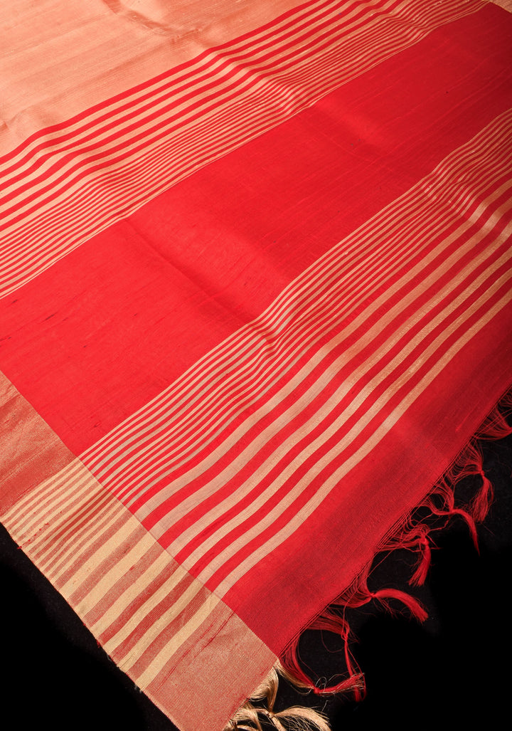 Pure Raw Silk Saree in Coral with Tissue Zari Red Border | SILK MARK CERTIFIED
