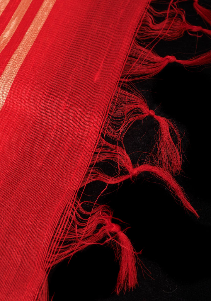 Pure Raw Silk Saree in Coral with Tissue Zari Red Border | SILK MARK CERTIFIED