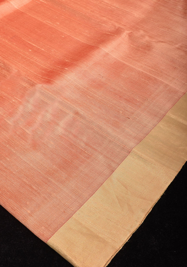 Pure Raw Silk Saree in Coral with Tissue Zari Red Border | SILK MARK CERTIFIED