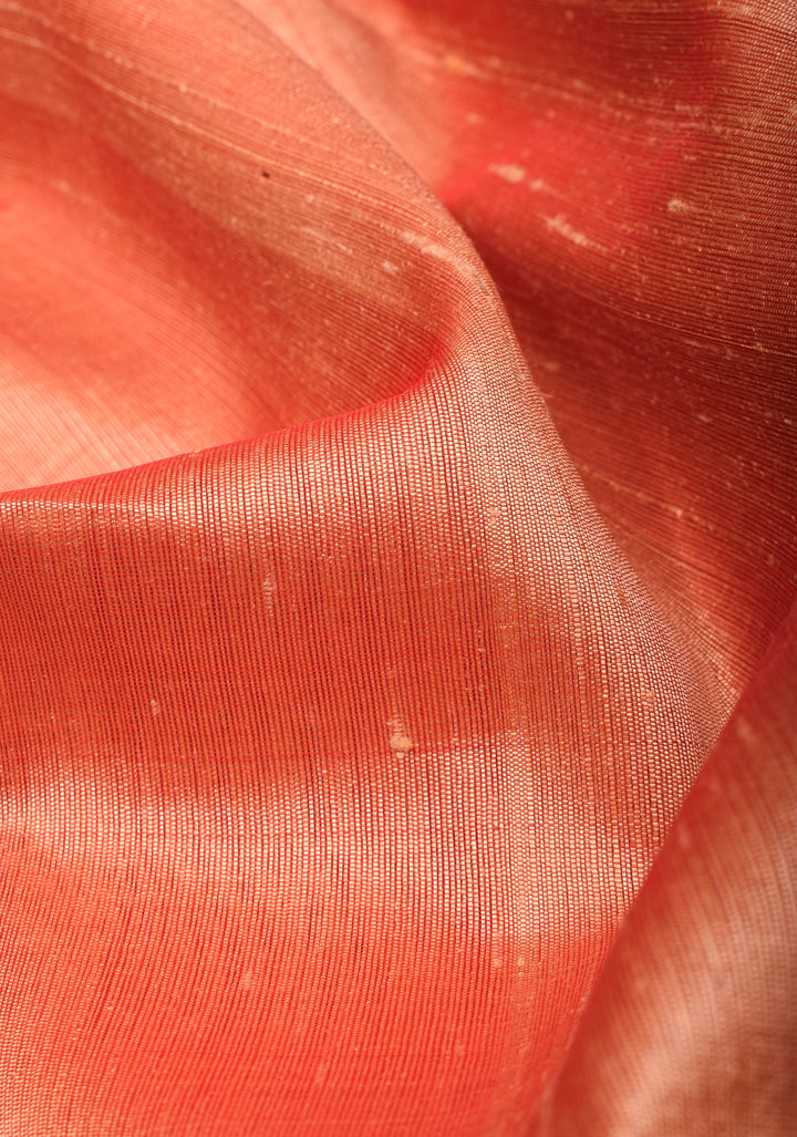 Pure Raw Silk Saree in Coral with Tissue Zari Red Border | SILK MARK CERTIFIED